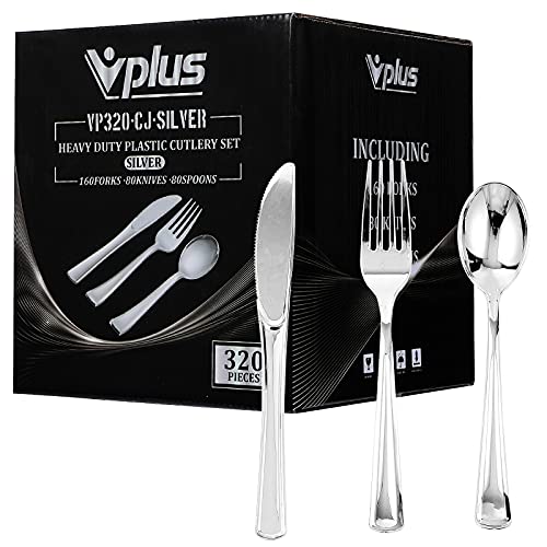 320 Plastic Silverware Set- Silver Plastic Cutlery Set - Disposable Silverware Set - Flatware Set - 160 Plastic Silver Forks - 80 Plastic Silver Spoons -80 Plastic Silver Knives (Silver)
