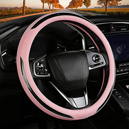 Carbon Fiber Pink Steering Wheel Cover, Universal 14-15 inch Auto Car Leather Steering Wheel Cover for Women, Non-Slip Breathable, Better Grip car Interior Accessories Fit for Most Cars (Pink)