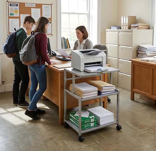 Image of Premium Metal Iron Sliver Printer Stand with Wheels - Heavy-Duty & Stylish Storage Solution for Files, and Essentials - Durable, Modern & Perfect for Homes & Offices. (Silver)