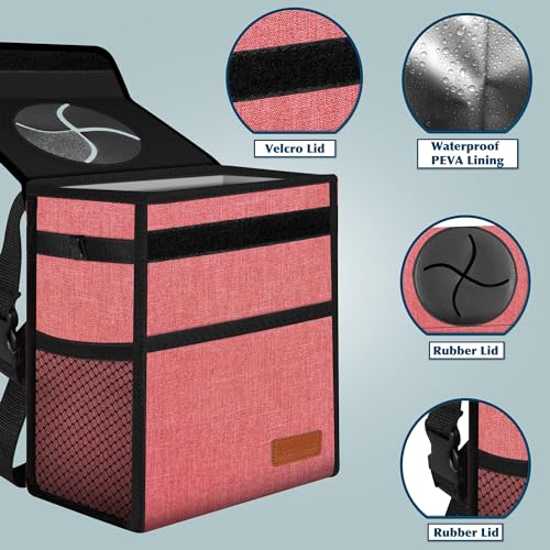 Image of Femuar Car Trash Can with Lid - Leak Proof, Waterproof, Multipurpose Car Hanging for Headrest, Collapsible, Portable with Storage Mesh Pocket, Pink