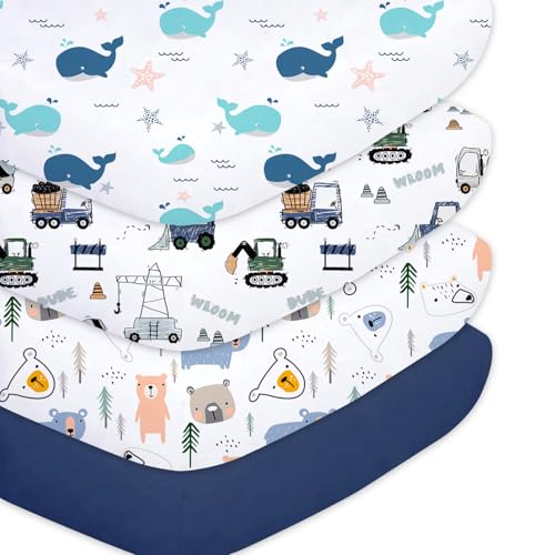 Image of Plushii 4 Pack Fitted Crib Sheets for Baby Boys, 28"x 52" Extra Soft Microfiber Crib Sheet Set for Standard Crib & Toddler Mattress Pad, Whale & Trucks & Little Bear & Navy Blue