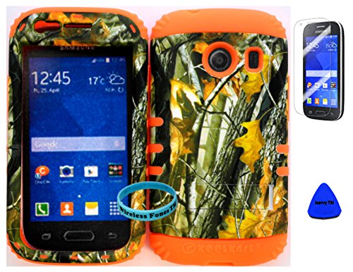 Wireless Fones TM Hybrid Impact Dual Layer Cover Case for Samsung Galaxy Ace Style S765c Straight Talk, Net10 and TracFone Leaf Branch Camo Mossy on Orange Skin (Wireless Fones TM Wrist Band, Pry Tool & Screen Protector Included)