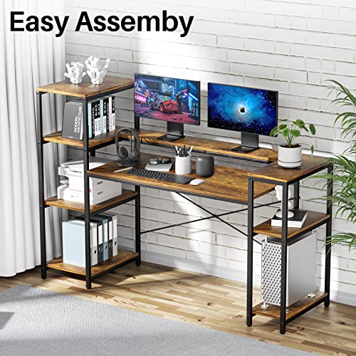 Hypigo Computer Desk With Storage Shelves, 63 Inch Home Office Desk With Monitor Stand And Cpu Shelf, Modern Writing Desk Table With Bookshelf (Rustic Brown) #TOP5