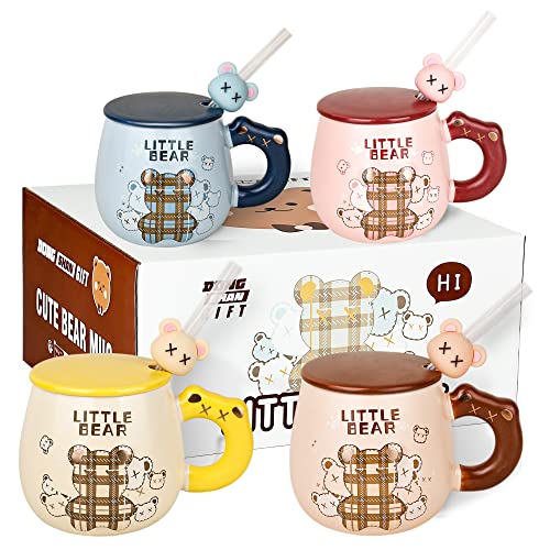 Set di 4 tazze da caffè in ceramica con orsetto Kawaii con coperchio e cannuccia, set di tazze da tè mattutino per ragazze donne amanti degli orsi, regalo di Natale, compleanno, stile giapponese