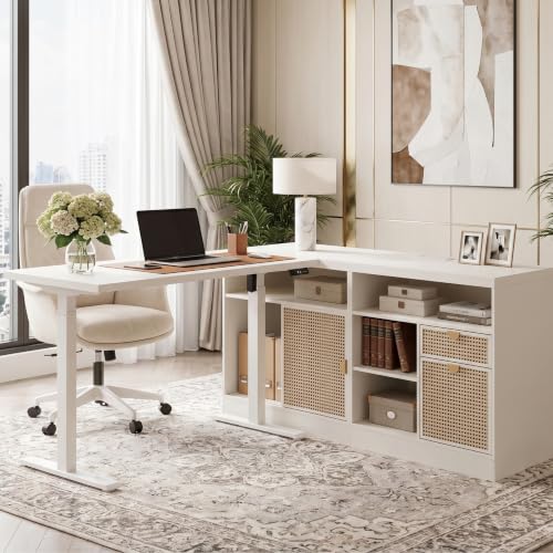 Image of ModernMate 67 inch L-Shape Electric Stand Desk with Drawers and File Cabinet