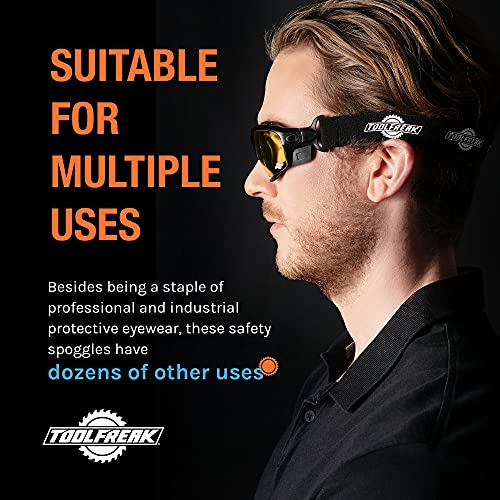 Image of ToolFreak Spoggles Safety Glasses for Work and Sport HD Yellow Lens, Anti Glare, Impact Protection, Filter Out Blue Light, Foam Padded, ANSI Z87 Rated, Head Strap and Carry Pouch