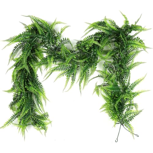 RECUTMS 2Pcs 5.8Ft Artificial Boston Ferns Garland Fake Hanging Plant Greenery Leaves Ivy Garland Faux Ferns Vines for Spring Sunmmer Outdoor Indoor Home Garden Wedding Graduation Party Wall Decor