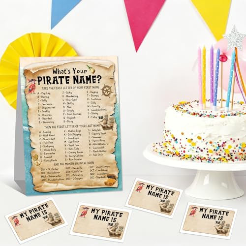 Pirate Party Decor, What's Your Pirate Name, Pirates Nautical Theme Party Decorations Birthday Parties Decorations, 1 Double Sided Sign and 30 Stickers, 8x10 Inch -03 by LWBEO - Used condition - Image 3