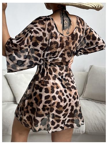 OYOANGLE Women's Leopard Short Sleeve Cover Up Dress V Neck Drawstring Waist Swimsuit Coverups Beachwear2
