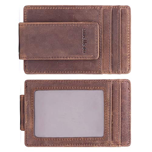 amelleon Mens Leather Bifold RFID Money Clip Wallet, Front Pocket Wallet with Money Clip (Texas Brown - Crazy Horse)