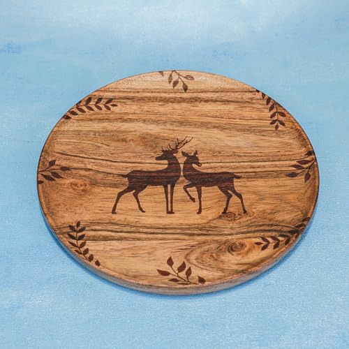 Image of Wild Grove Serving Plate - Carved Deer & Leaf Design, Elegant Acacia Wood Plate for Snacks, Cheese, Fruits, and Home Decor, 20x20 cm
