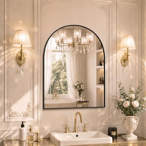 Image of 31 inchx32 inch Arched Black Bathroom Mirror - Metal Framed with HD Shatter-Proof Glass, Wall-Mounted for Over Sink, Entryway, Living Room, Bedroom