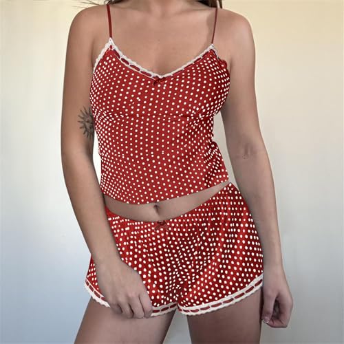 Image of Yuemengxuan Women Y2k Polka Dot Pajamas Sets 2 Piece Sexy Summer Outfits Set Sleeveless Strappy Cami Top Crop Top Shorts Set