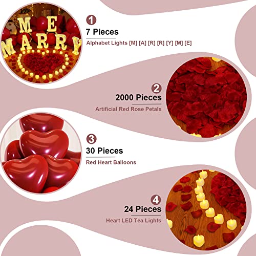Homemory Marry Me Light Up Letters Proposal Decorations, Marry Me Sign With 24Pcs Flameless Candles 2000Pcs Red Fake Rose Petals 30Pcs Red Balloons For Valentine's Day Wedding Proposal Romantic Night #TOP2