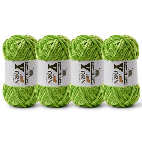 Image of 4 Pack Plush Chenille Chunky Yarn - Fluffy Velvet Yarn Crochet for Blanket Knitting and Crocheting - Soft Baby Yarns for Crocheting - Amigurumi Crochet Yarns 100g (87yds) (4 Emerald Green)