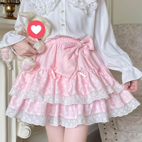 Pokn Sweet Lolita Mini Skirt for Women Bow Cake Skirt High Waist Kawaii Vintage Layered Lace Party A-line Mini Skirts4