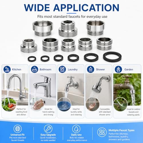 10 Stück Adapter Wasserhahn mit Dichtungen, Universal Wasserhahnadapter mit Gewinde, Außengewinde Doppelnippel Adapter für Küche Gartenschlauch,Wasserhahns Strahlregler, Waschbecken Wasserhahn