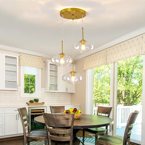 Image of 3-Light Gold Chandelier Modern Kitchen Island Pendant Light with Clear Glass Globe Shades Adjustable Height Flush Mount Ceiling Light Fixture for Dining Room Bedroom Living Room.