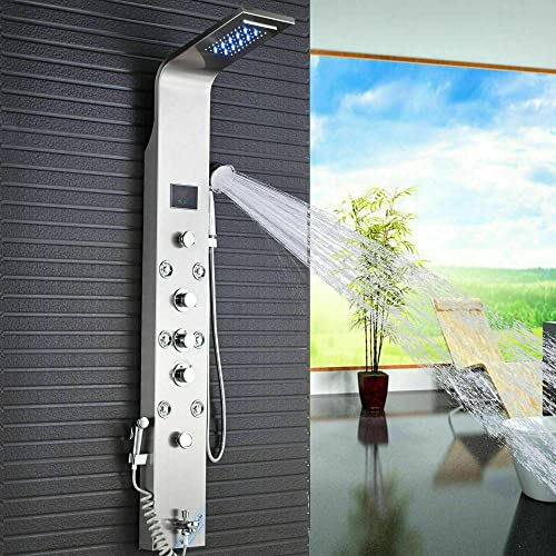 Sistema de columna de ducha con panel, led, lluvia y masaje, acero inoxidable, negro y níquel cepillado miniatura 3