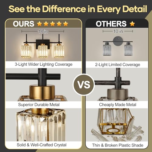 Image of Torondo Modern Crystal 3-Light Vanity Lights for Bathroom Gold Bathroom Lights Over Mirror Black and Gold Vanity Lighting Fixtures Square Shade Brass Wall Sconce (Bulbs Not Include)