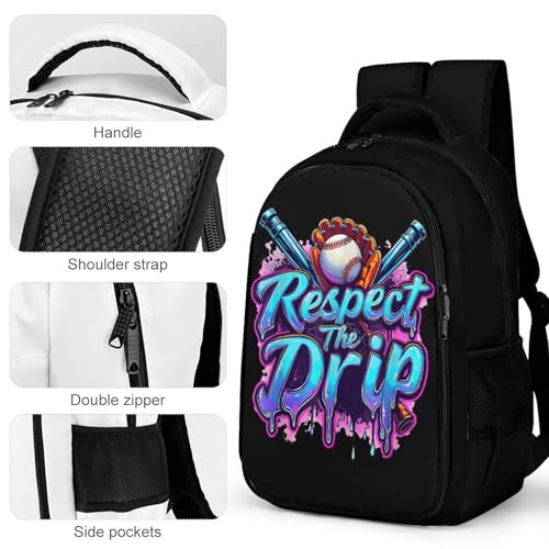 Baseball Respect The Drip Game Day Backpack Large Capacity Backpacks Leisure Travel Daypack 12.6X7.3X16.5 Inch4