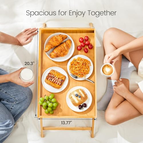 Image of Bamboo Bed Tray Table, Large Breakfast Tray with Folding Legs, Multipurpose Serving Tray Use As Portable Laptop Snack Table, for Working, Eating, Reading by Pipishell
