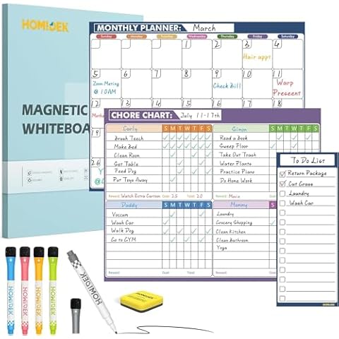 17" x 11" Small Magnetic White Board for Refrigerator with Clean Dirty Magnet for Dishwasher + Dry Erase Whiteboard Calendar and Family Chore Chart for Kids Adults with Magnetic List Cover