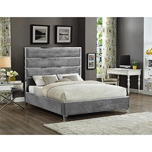 Meridian Furniture Zuma Collection Modern | Contemporary Velvet Upholstered Bed With Deep Channel Tufting And Chrome Accent Design, Grey, King #TOP28
