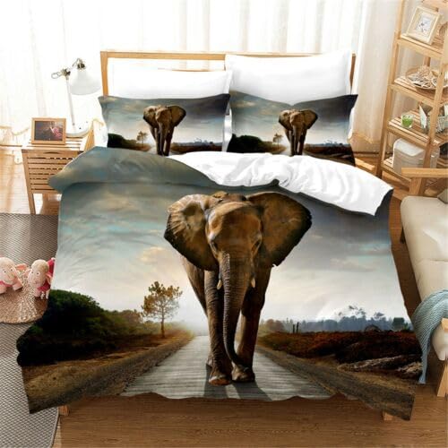 Housse de couette 220x240 éléphant gris parure de lit adulte 2 taies d'oreiller microfibre douce