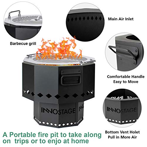 Patented Bonfire Fire Pit With Stainless Barbecue Grill And Portable Carrying Storage Bag, Smoke-Free Firepit Bowl For Wood Pellet With Stand For Outdoor Campfire Flame Or Bbq On Patio Garden Backyard #TOP1