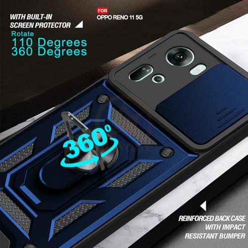 Image of Armor Bumper Back Cover Case for Oppo Reno 11 5G Rotating Camera Cover, Ring Holder & Kickstand | Heavy Duty & 360 Degree Protection Oppo Reno 11 5G Back Cover (Blue)