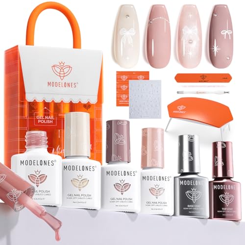 Modelones Gel Nail Kit with UV Lamp, 4 Colors Gel Nail Polish Kit Mini Salon, Base &Top Coat and Stickers, Milky White Nude Pink Glitter Gel Polish Set DIY Home Nail Art Manicure Set for Women