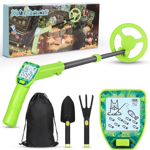 Detector De Metales Niños, Diealles Shine Ajustable Detector De Metales con Pantalla LCD, Bobina Impermeable, Detector Metales Niños De Alta Precisión con Pala Rastrillo(Verde)