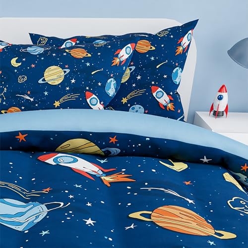Image of SANDJEST Outer Space Comforter Set Full Size 98x86in for Kids Boys, Microfiber 4 Pcs Bedding Set Includes 1 Comforter, 2 Pillowcases, 1 Fitted Sheet, Nursery Room Decor
