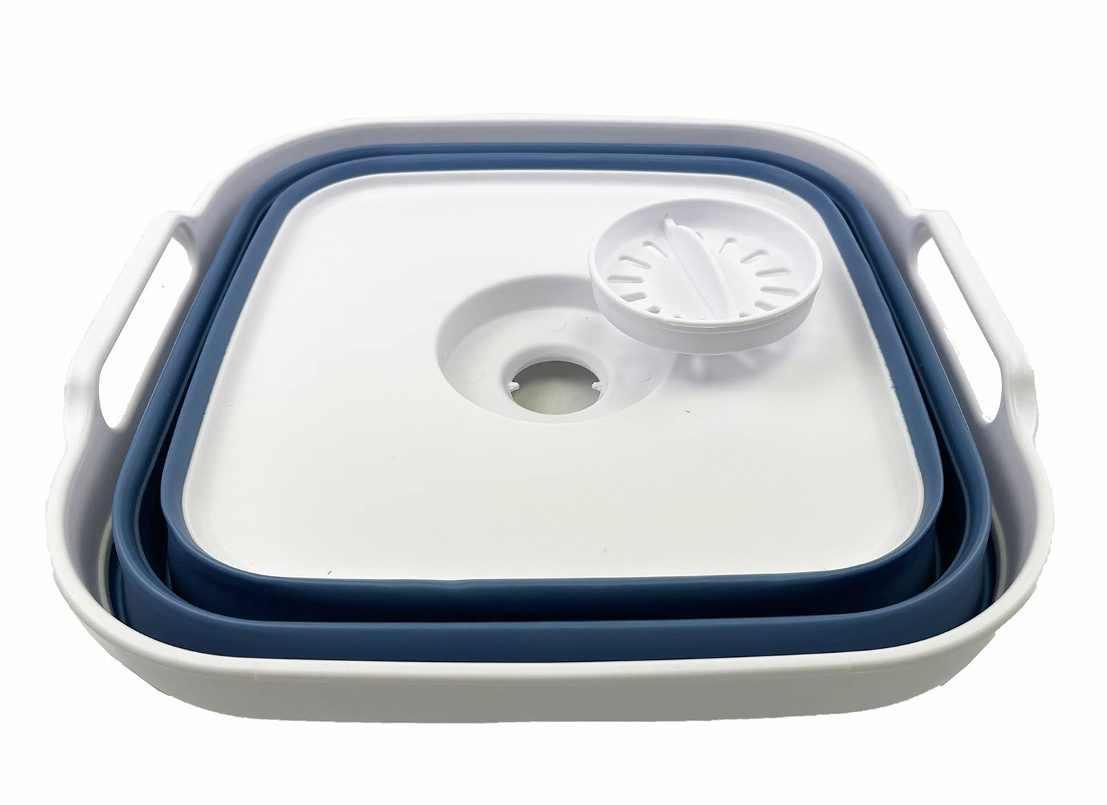 SAMMART 10L Pelle Pliable avec Bouchon de Vidange - Lavabo Pliable - Cuve à Vaisselle Portable - Gain de Place (Blanc/Bleu Métallisé)