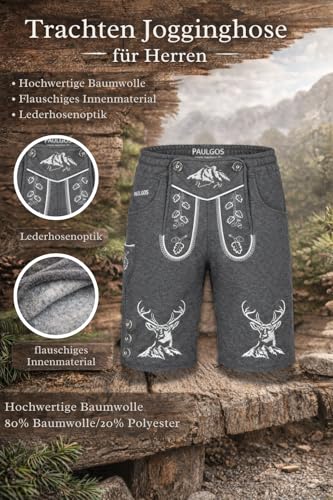 PAULGOS Herren Trachten Jogginghose, Optik Trachten Lederhose, Kurz in 3 Farben Gr.S-3XL JOK4 (3XL, Dunkelgrau)