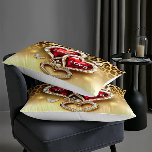 Image of AILONEN Romantic Love Heart Bedding Set Queen Size,Gold Leopard Print Comforter with 2 Pillowcases,3-Piece Red Jeweled Hearts Quilt Set for Lover Couple
