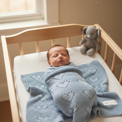 Image of Heirloom Heart Knit 100% Cotton Knit Receiving Baby Blanket for Boys - Soft Warm Cozy Swaddle Receiving Cuddle Stroller Blanket for Newborns, Infants, & Toddlers (Sky Blue)