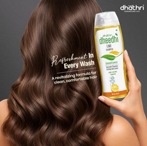 Image of Dhathri Dheedhi Lime Shampoo with Lemon, Tulsi, Amla & Thornapple | Anti-Fungal & Anti Dandruff Herbal Shampoo for Men & Women | Sulfate & Paraben Free | All Hair Types, 250ml
