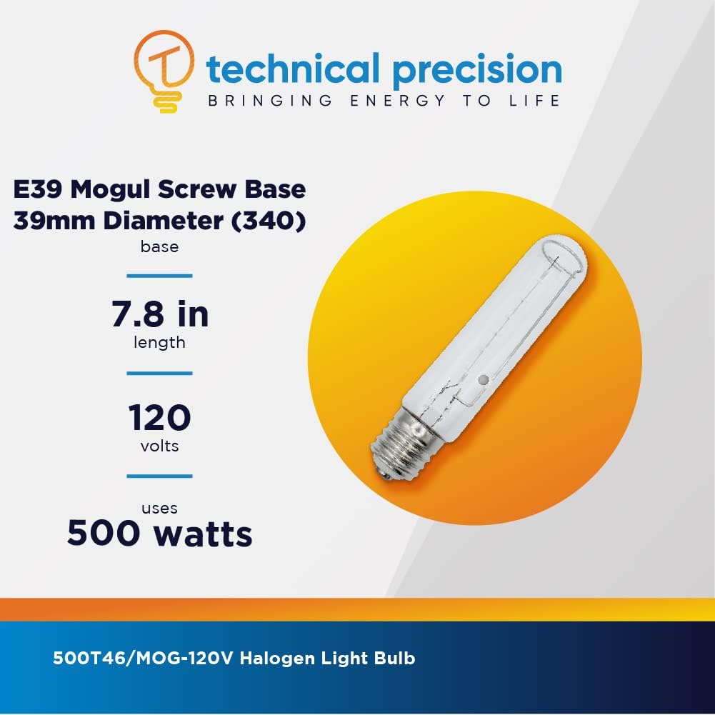 Technical Precision Replacement for Eiko 500t46/mog-120v Light Bulb 500W 120V T46 Halogen Bulb - E39 Mogul Base - 3200K Warm White - 1 Pack