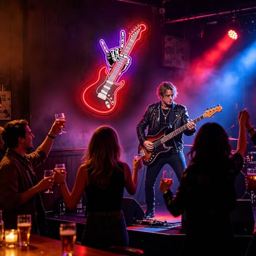 Image of PSPCBS Rock Hand Guitar Neon Sign, Electric Guitar LED Neon Light, USB Powered Dimmable Rock Music Wall Decor for Music Studio, Man Cave, Home Bar, Band Room, Gifts for Guitar Players