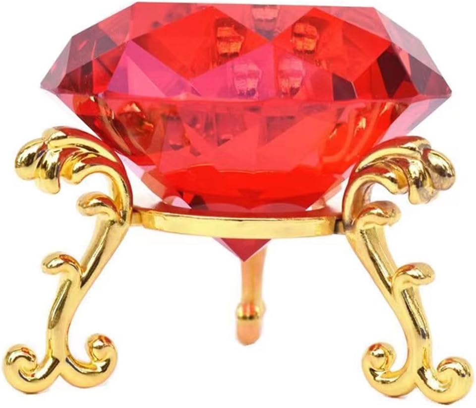 LOTOWELZON 60MM(2.36") Crystal Diamond Paperweight with Metal Base Stand, Diamond Shaped Crystal Jewel Paperweight Glass Gem Centerpieces Decoration for Home Office Wedding Decor (60mm Red)
