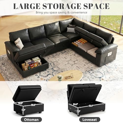 Image of 108 Inch Faux Leather Modular Sectional Sofa with Pull Out Bed,U Shaped 7 Seat Sectional Sleeper Sofa with Storage,Sectional Couches for Living Room,Cloud Modular Couch,Black Leather