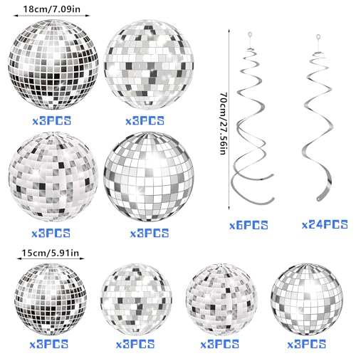 Image of 54 Pieces Disco Party Decorations Sliver Disco Ball Hanging Swirls 70s Ceiling Decor for 70s Fever Birthday Party Supplies