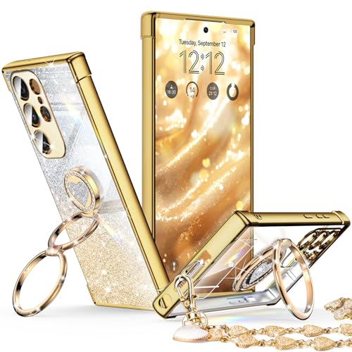 Image of XYZ for Galaxy S25 Ultra Case with Stand, for Samsung Galaxy S25 Ultra Case with Double Ring, Women Girls Bling Luxury Glitter Clear Phone Case Cover Heart for Samsung S25 Ultra, Gold