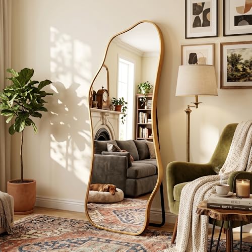 Image of Mirror Full Length - Irregular Full Body Mirror Standing or Leaning or Wall Hanging 62.2 inchx 22.8 inch Asymmetrical Aviation Aluminum Alloy Frame Unique for Bedroom, Living Room, Cloakroom, Entryway