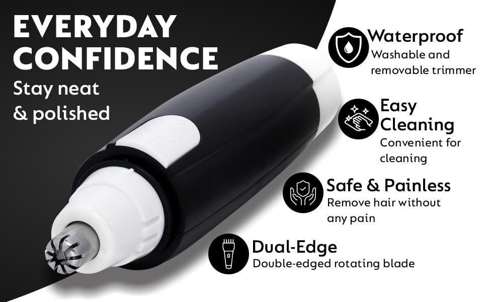 Image of VIFERA 3-in-1 Nose, Ear & Eyebrow Hair Trimmer for Men & Women - Waterproof, Painless Facial Hair Remover with Dual-Edge Blades - Compact, Battery-Operated Grooming Tool (Black) (POWER CELL (AA) BATTERY INCLUDED)