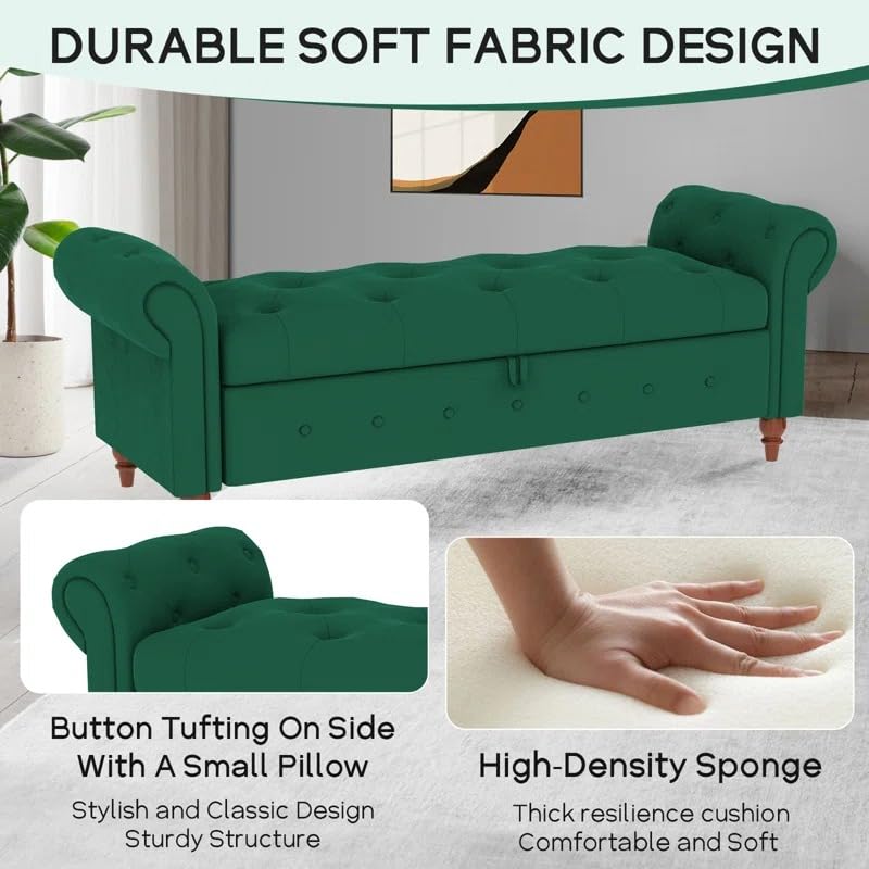 Image of LEGACY OF COMFORT F4 Velvet Upholstered Storage Bench Sofa Bench Sofa couches Rolled Arm Window Bench Ottoman Bench 2 Seater Sofa Chaise Lounger or Living Room Bedroom Office (Green Velvet)