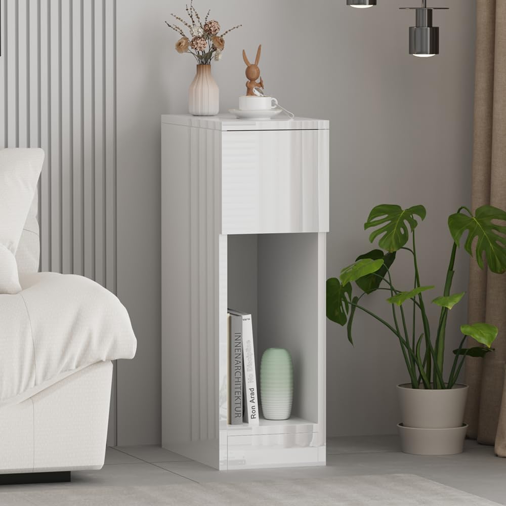 Slim Tall Bedside Table Cabinet High Gloss with Drawer & Storage Space for Bedroom, Narrow Sofa Side Table End Table for Living Room, Nightstand White