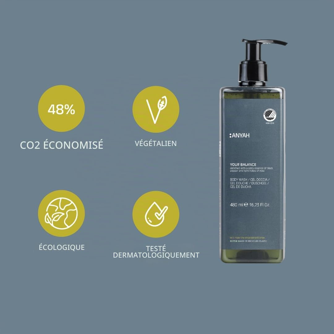 Anyah – Gel Douche - 4x480ml - Lot de 4 - Non Rechargeable - Avec Précurseur de l'Acide Hyaluronique - Testé Dermatologiquement - Savon pour le corps - Fabriqué et Conditionné en Italie